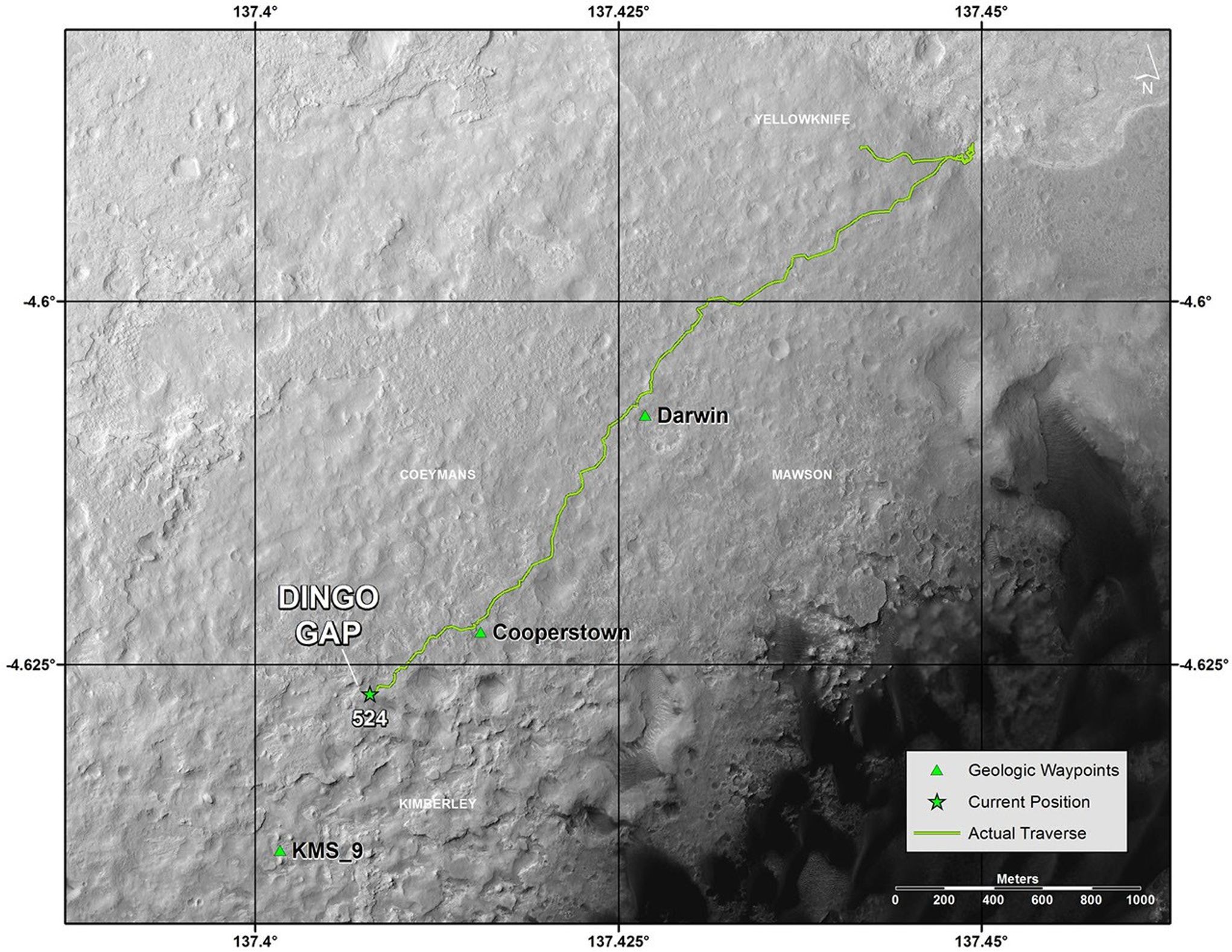 This map shows the route that NASA's Curiosity Mars rover drove inside Gale Crater from its landing in August 2013 through the 524th Martian day, or sol, of the mission (Jan. 26, 2004).