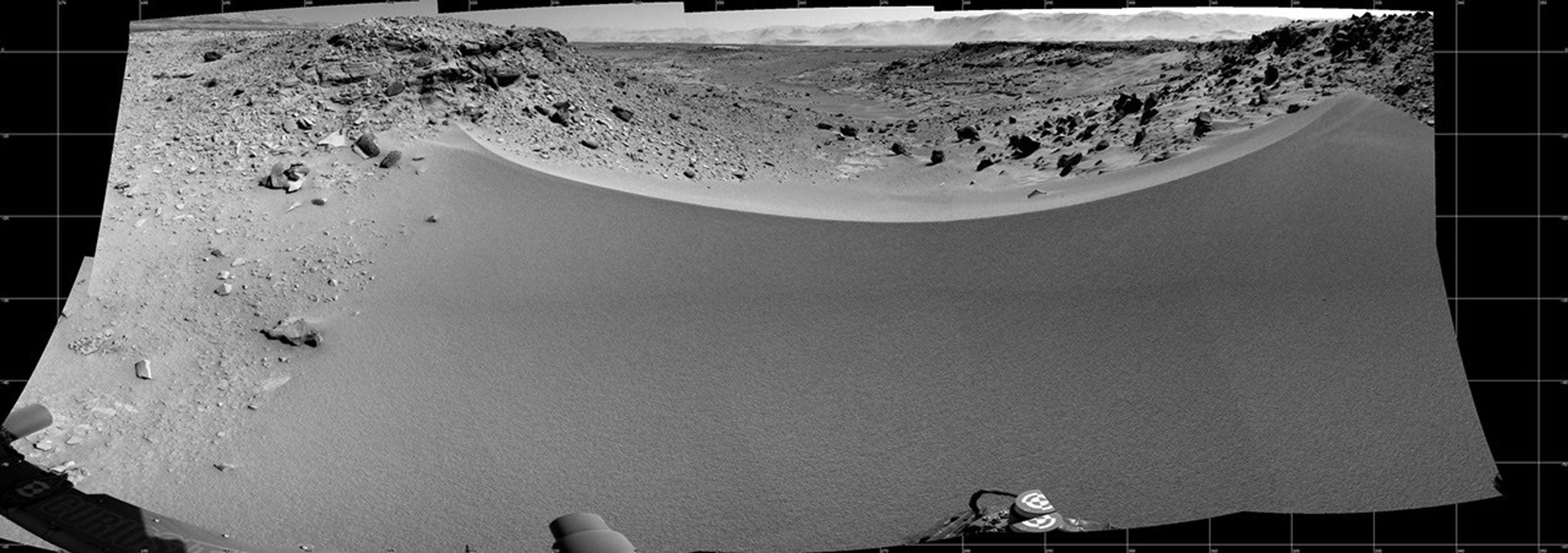 This mosaic of images from the Navigation Camera (Navcam) on NASA's Mars rover Curiosity shows the terrain to the west from the rover's position on the 528th Martian day, or sol, of the mission (Jan. 30, 2014).