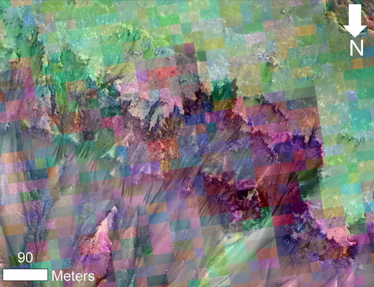 This image combines a photograph of seasonal dark flows on a Martian slope with a grid of colors based on data collected by a mineral-mapping spectrometer observing the same area.