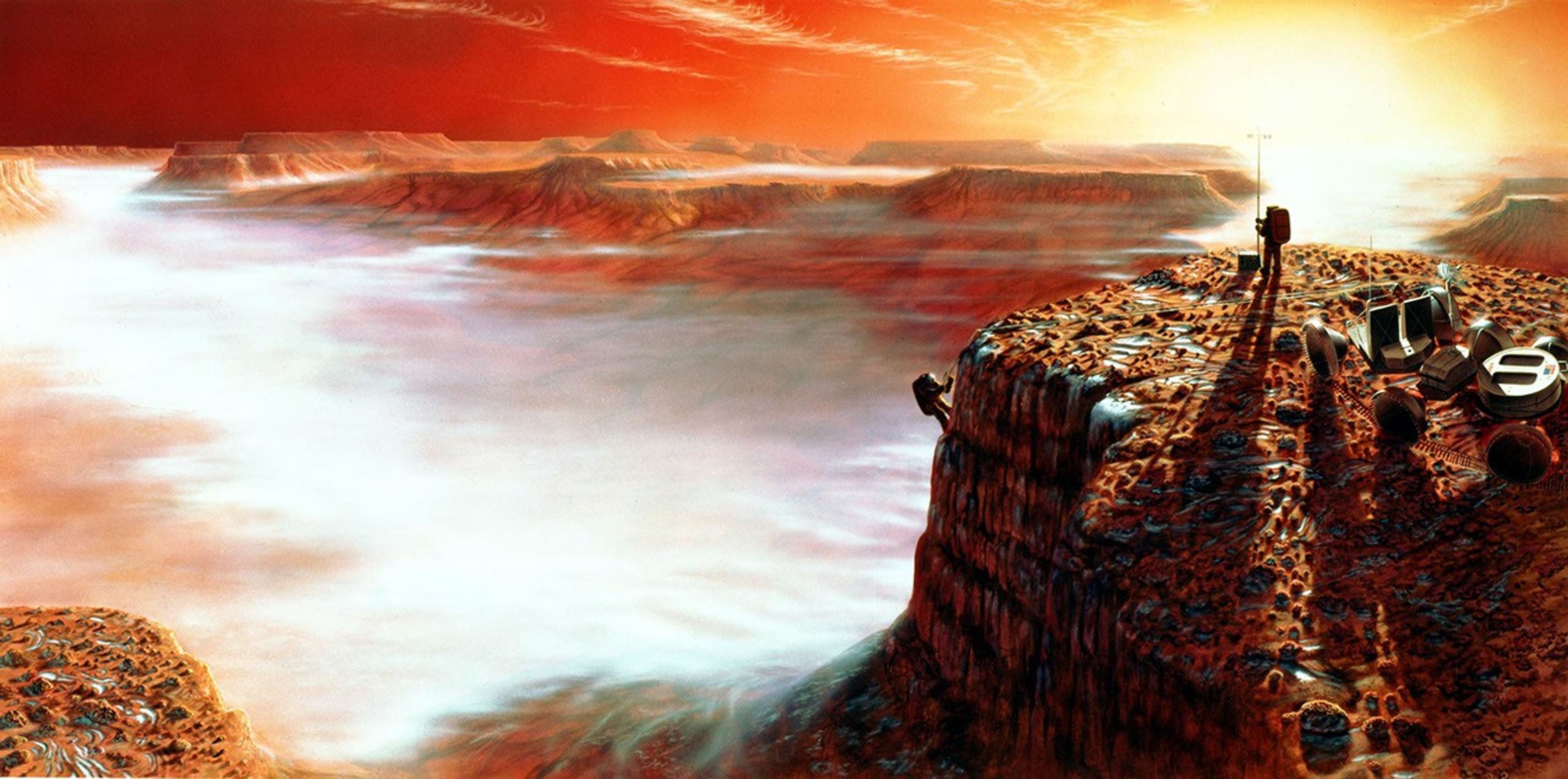 This artist's concept depicts a possible scene when the first human travelers might walk on the surface of Mars.