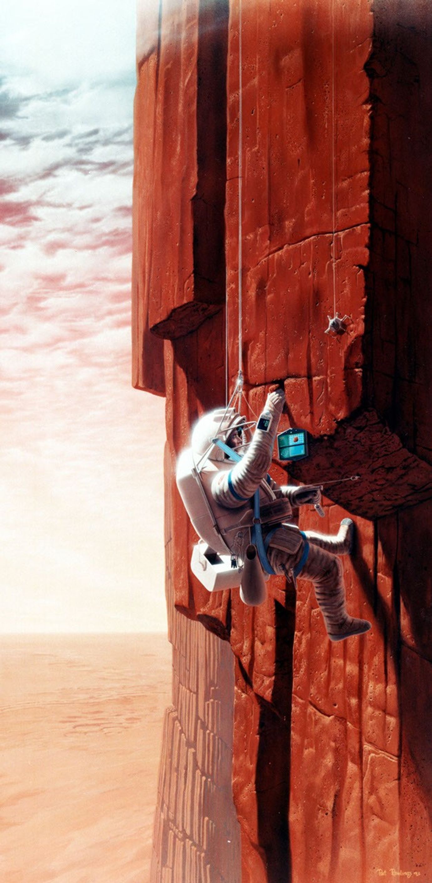 In this artist's concept, an astronaut collects Mars rock samples on the largest shield volcano in the solar system.