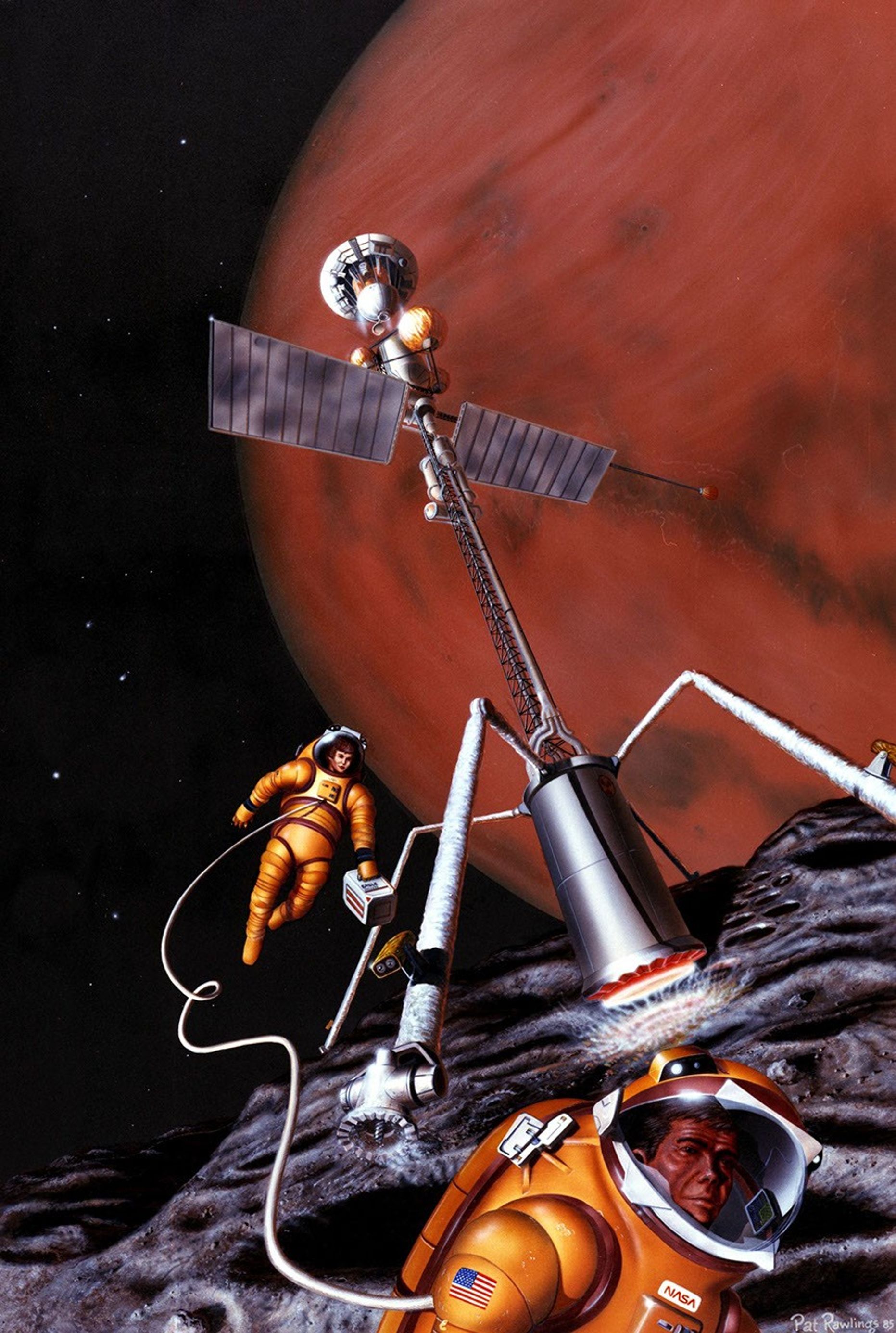 In this artist's concept, astronauts get resources for their survival on Mars' moon Phobos.