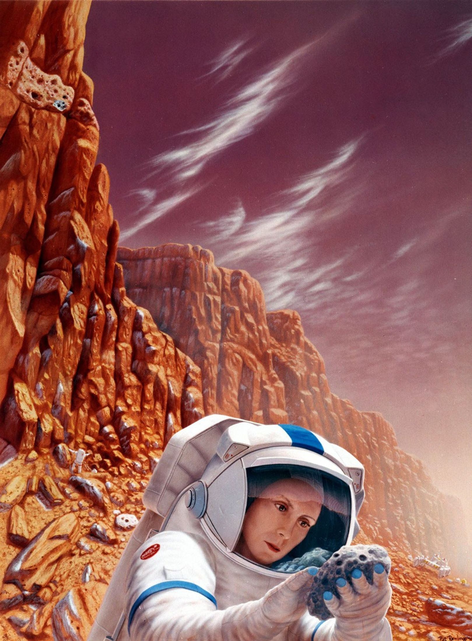 In this artist's concept, astronauts search for ancient microbial life on Mars.