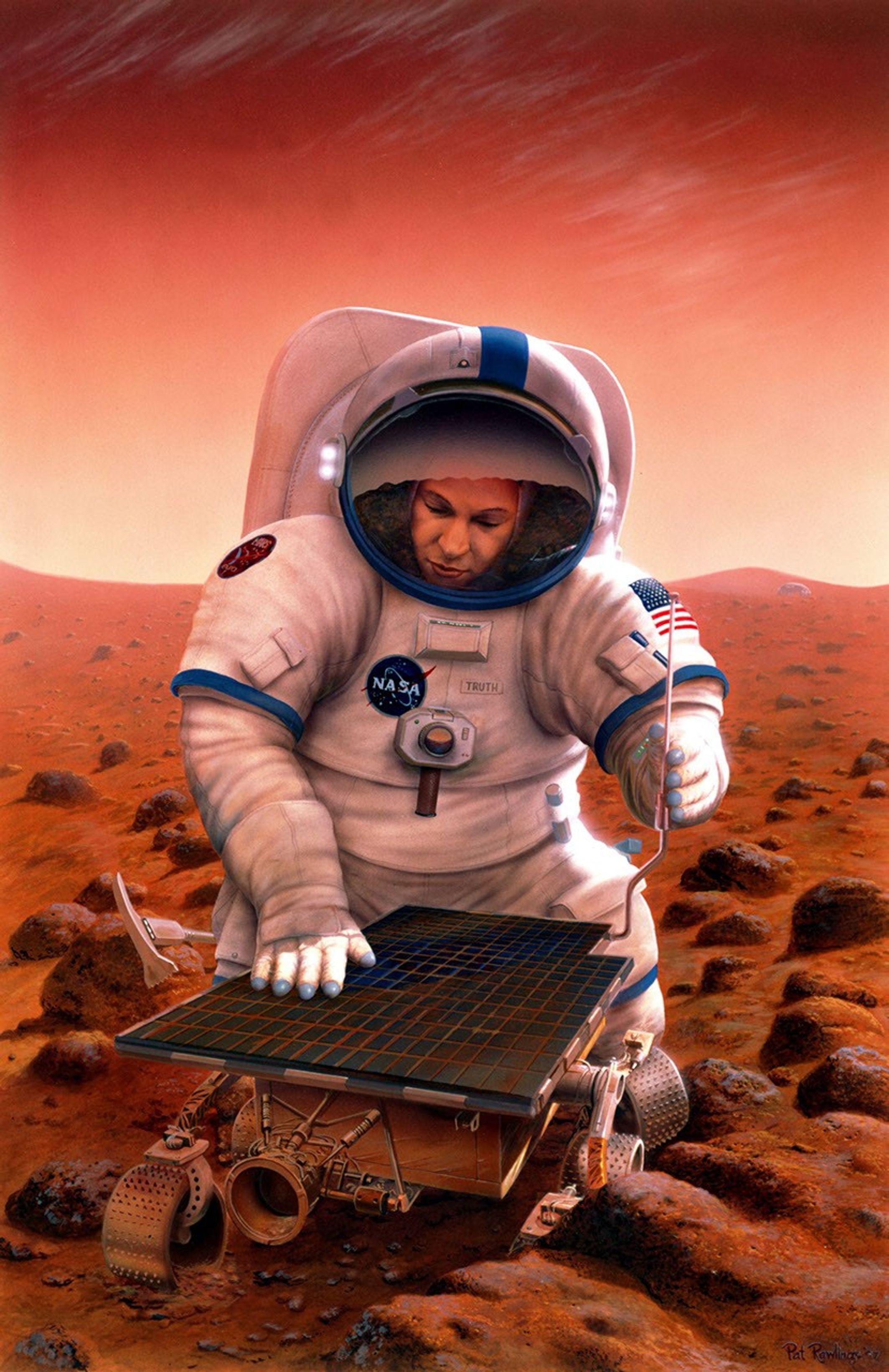 In this artist's concept, an astronaut returns to the landing site of NASA's Mars Pathfinder mission.