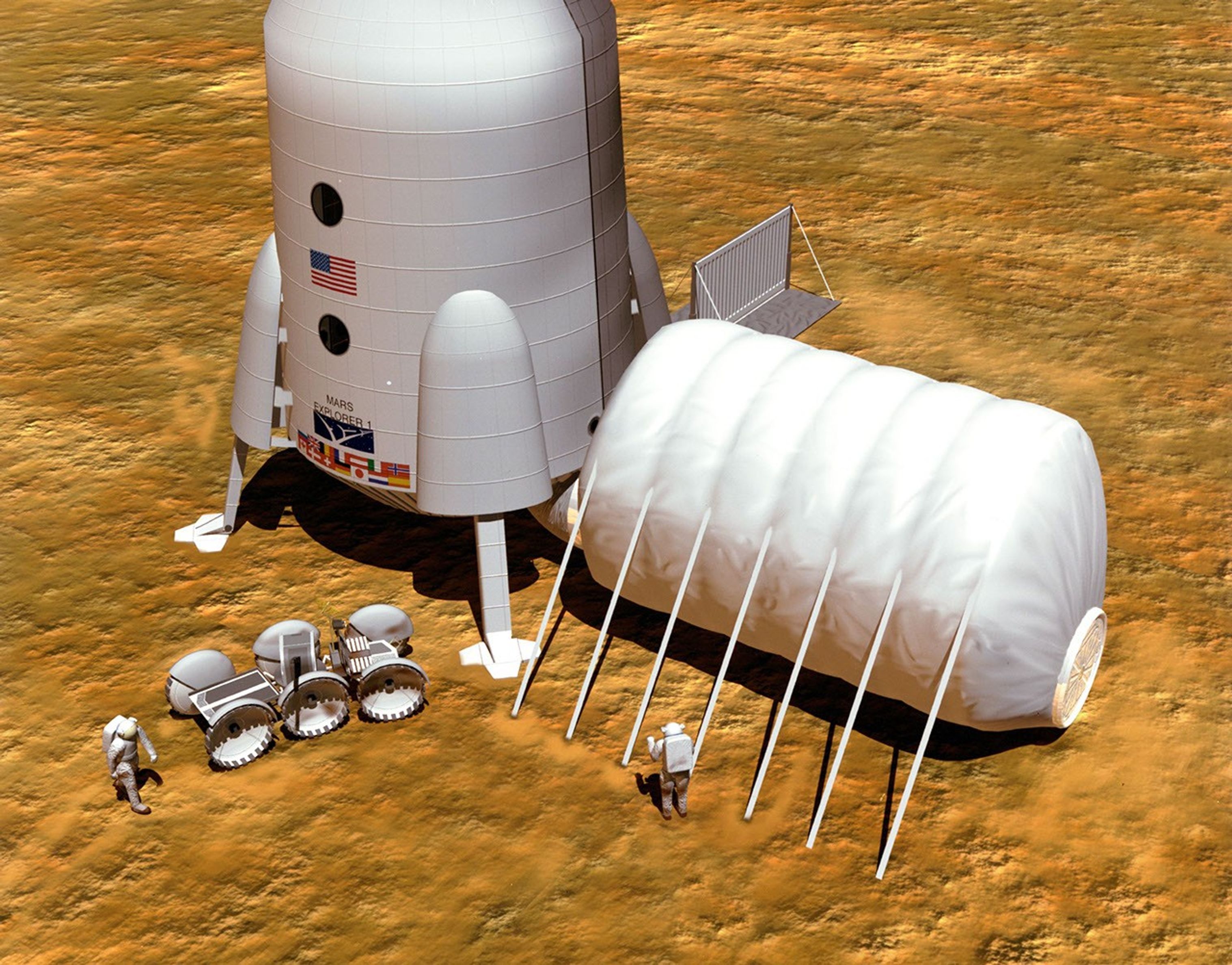 In this artist's concept, an imagined habitat for humans living on Mars, with a rover helper and scientific labs.