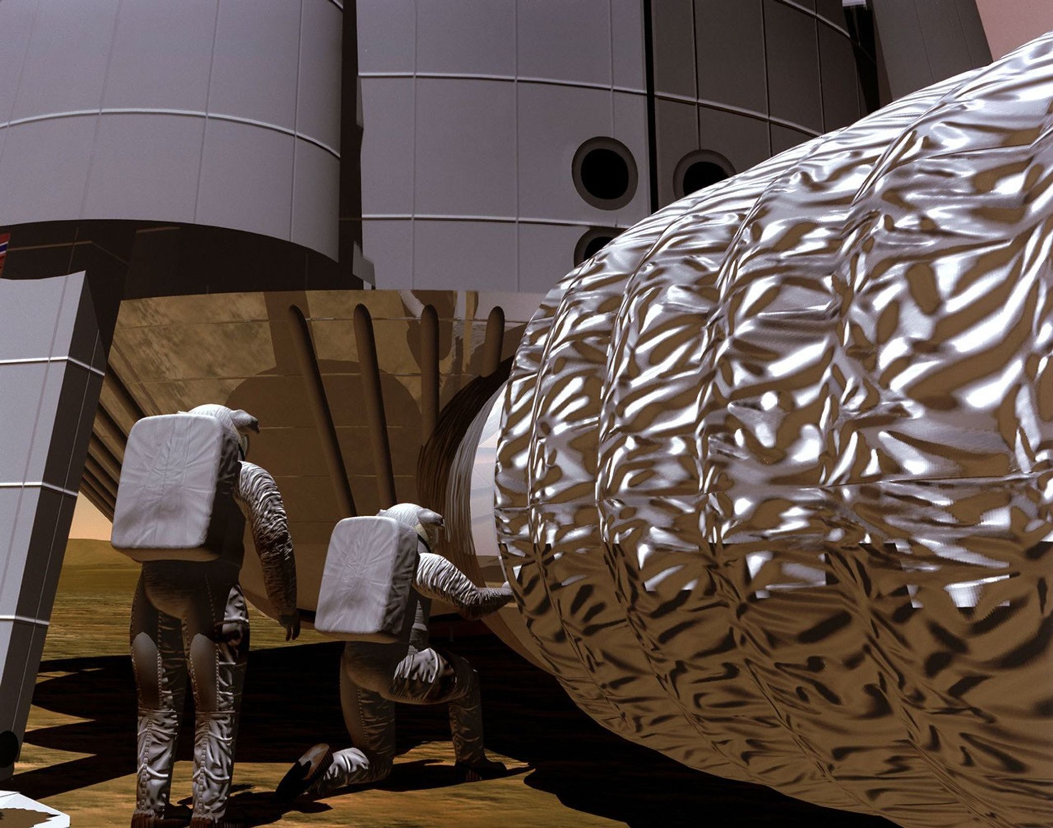 In this artist's concept, astronauts work on their habitat to increase survivability.