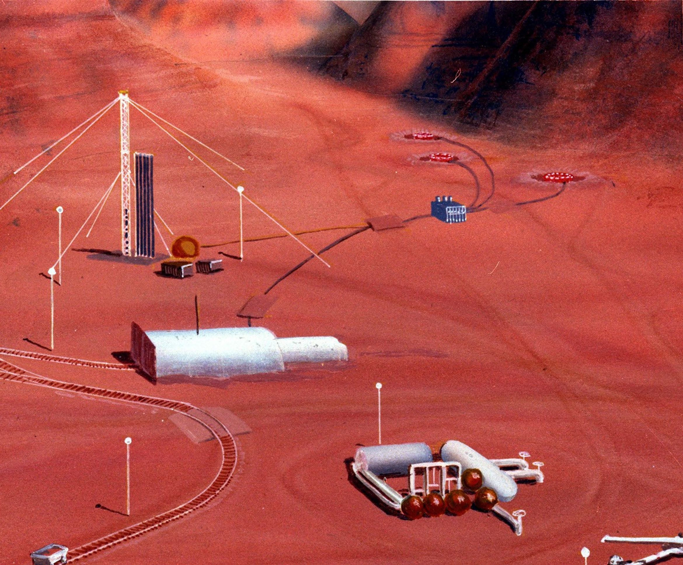 In this artist's concept, a human habitat on Mars with a greenhouse and many facilities needed for survival.