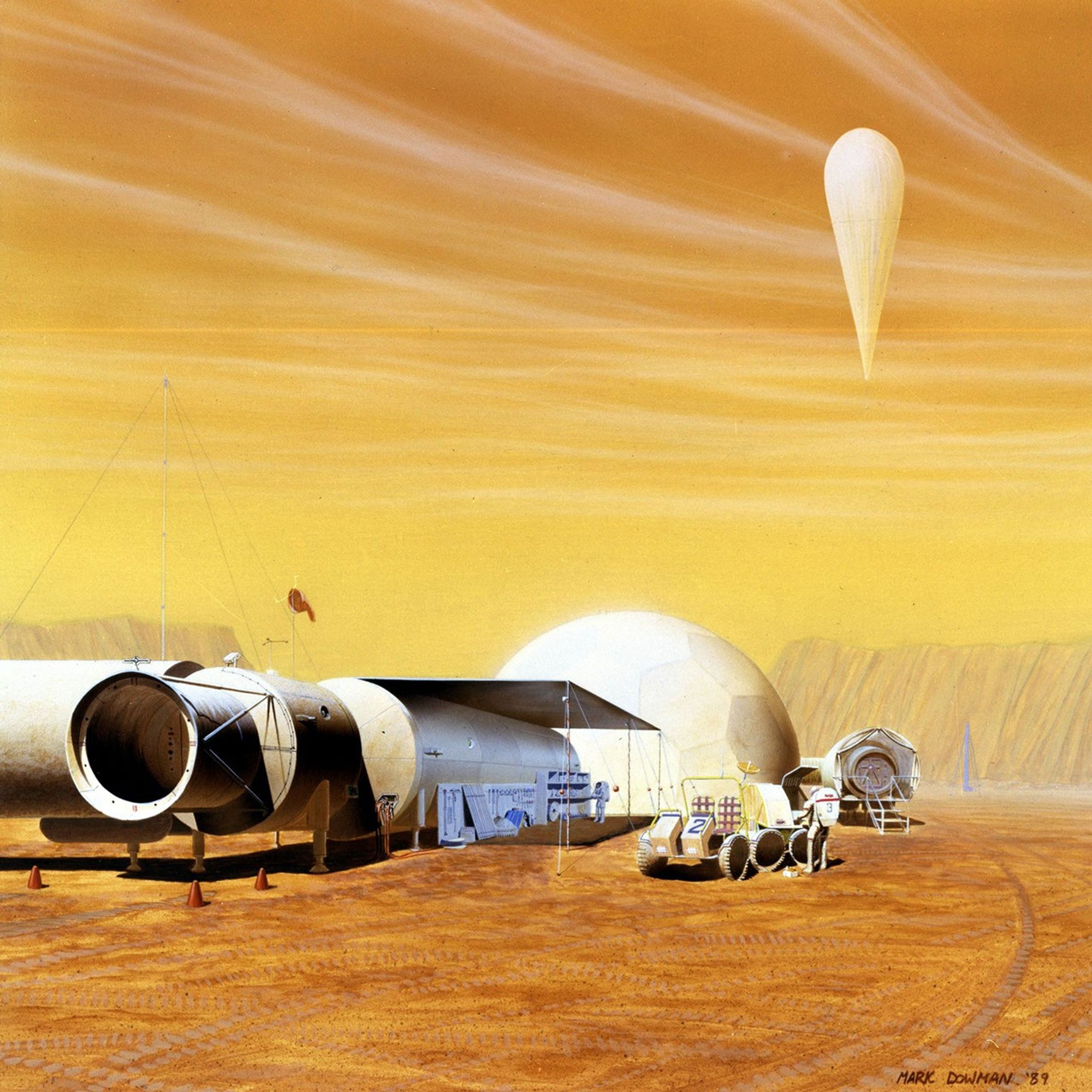 In this artist's concept, an outpost for astronauts living and working on Mars is imagined.