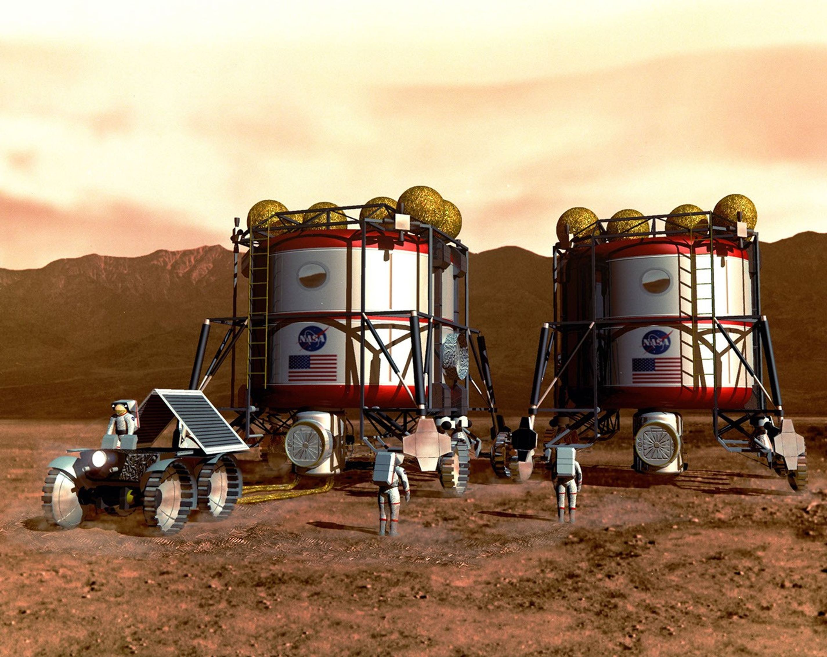 In this artist's concept, astronauts work on their habitat by using available resources on Mars.