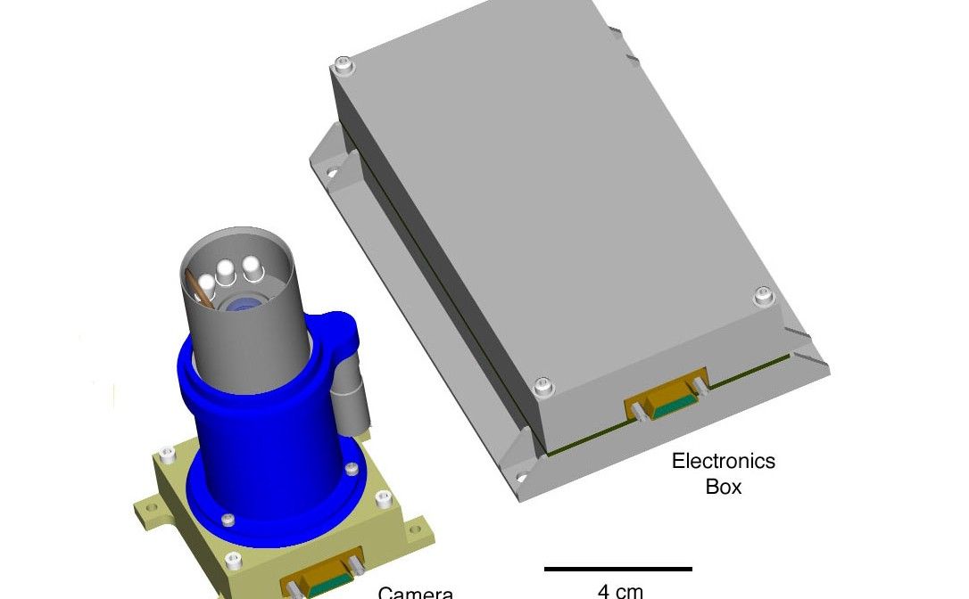 A small, upright cylindrical device about 4 centimeters (1.6 inches) wide and 8 centimeters (3.2 inches) tall houses the camera; next to it is a flat, rectangular electronics box about 2.5 centimeters (1 inch) tall, 4 centimeters (1.6 inches) wide, and 12 centimeters (4.7 inches) long.