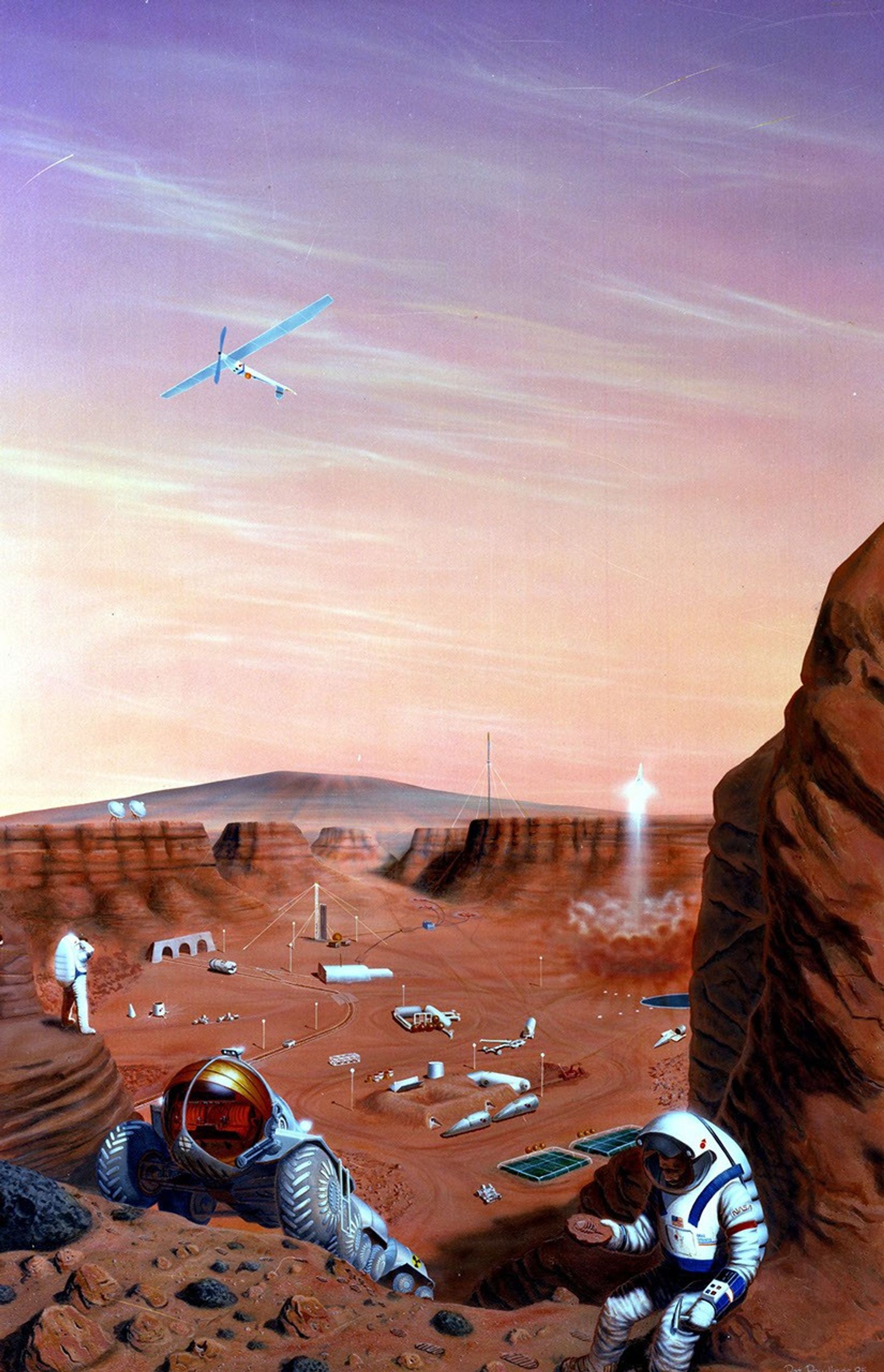 In this artist's concept, a human habitat on Mars with a greenhouse and many facilities needed for survival.