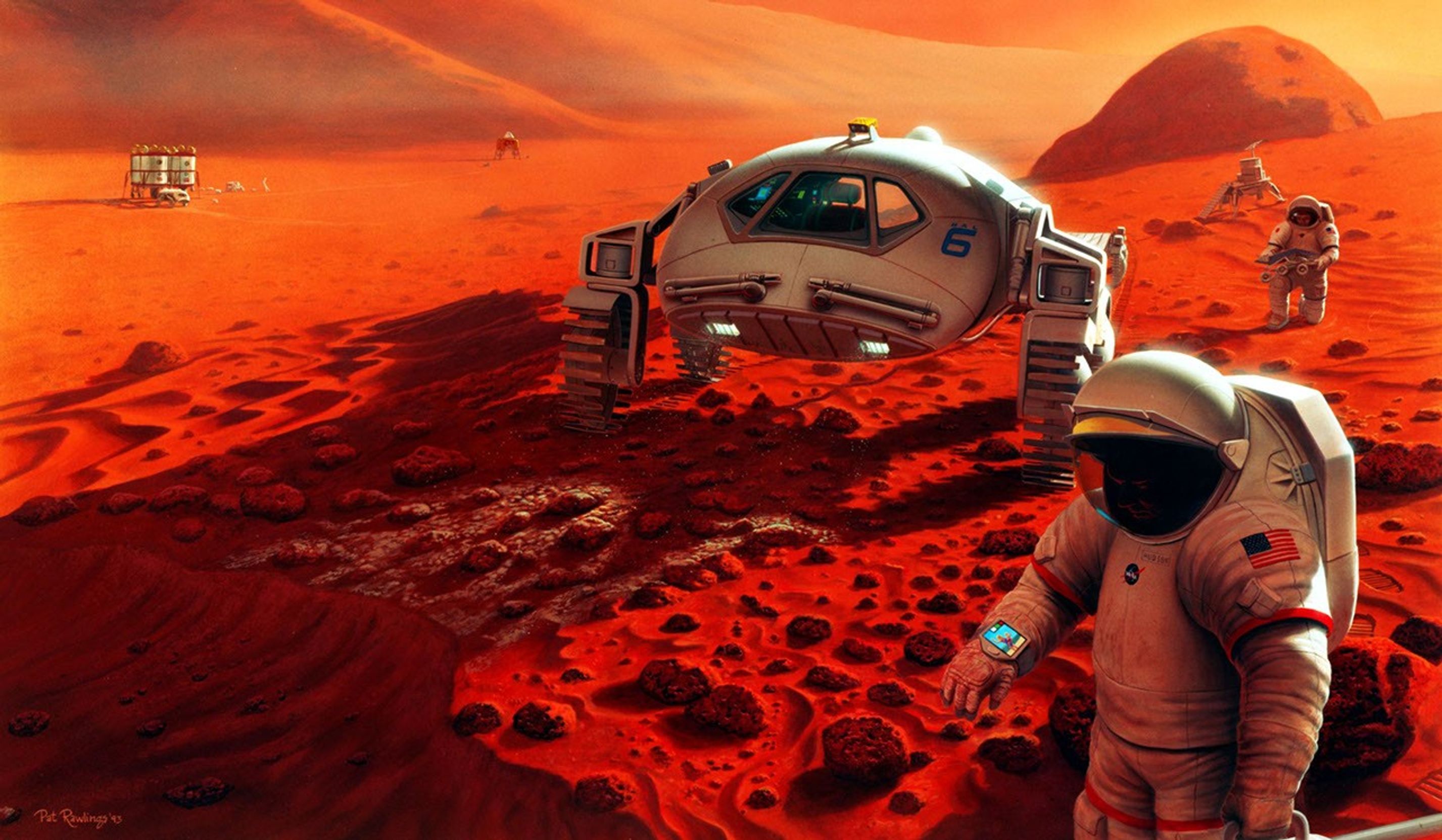 In this artist's concept, two explorers stop to inspect a robotic lander and its small rover on Mars.