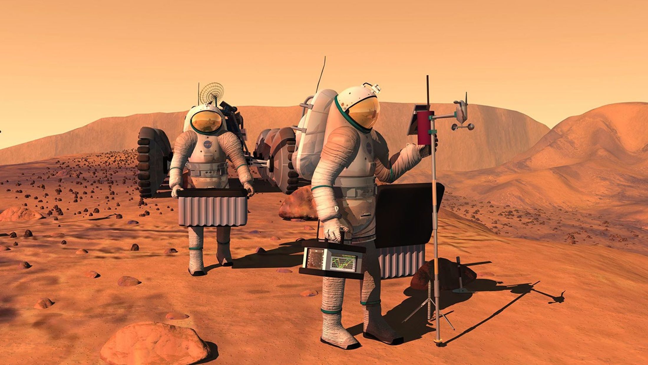 Two astronauts carry equipment to set up a weather station on Mars.