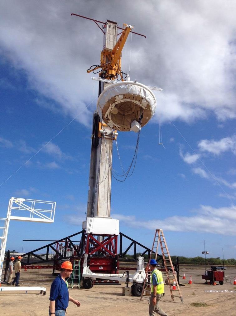 In this picture, NASA's saucer-shaped experimental flight vehicle is prepared for a Range Compatibility Test at the US Navy's Pacific Missile Range Facility in Kaua'i, Hawaii.  During the exercise, which occurred on April 23, 2014, all the radio frequencies interfaces between the vehicle, its balloon carrier and the missile range were checked.