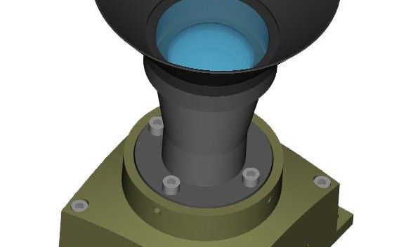 The image shows a camera lens shaped rather like the business end of a tuba, with the forward edges flaring outward from a central cylinder.