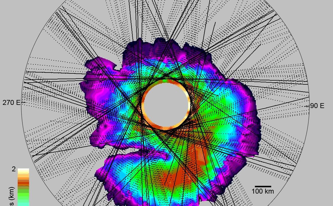 This map shows the thickness of the north polar layered deposits on Mars as measured by the Shallow Radar instrument on NASA's Mars Reconnaissance Orbiter.