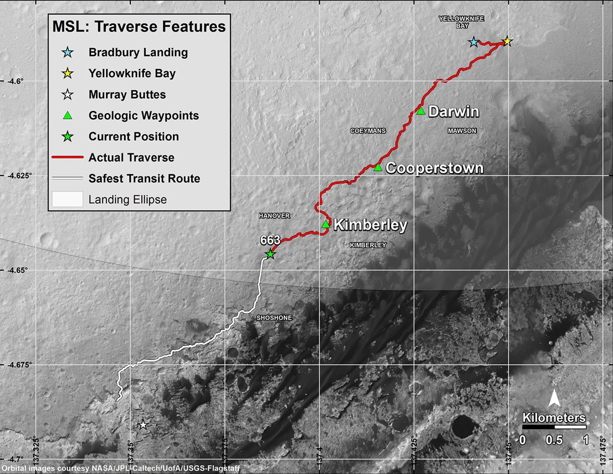 This map shows in red the route driven by NASA's Curiosity Mars rover from its landing site at "Bradbury Landing" through the mission's 663rd Martian day, or sol (June 18, 2014). The white line shows the planned route to reach destinations on Mount Sharp. Sol 669 will complete one Martian year.