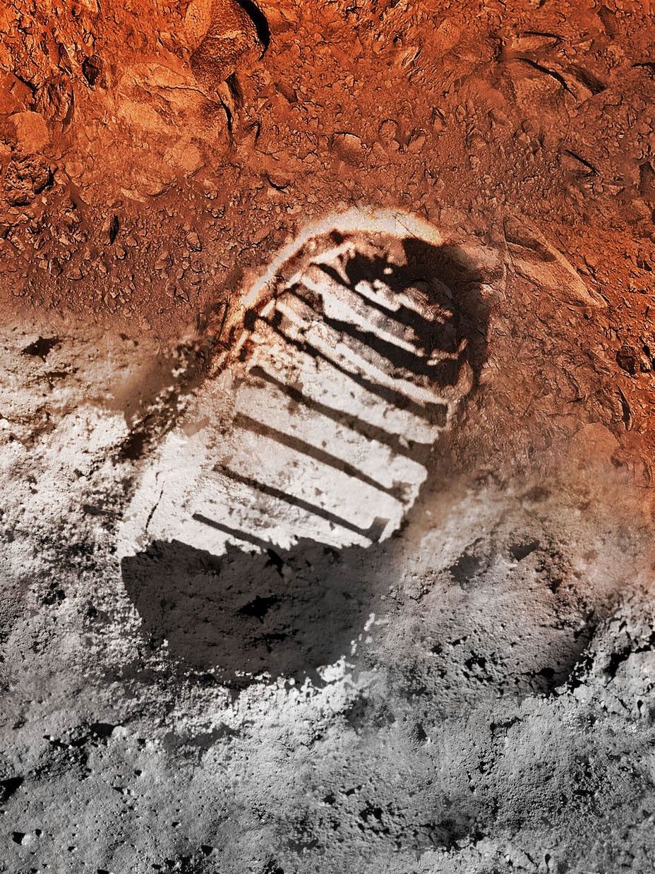 Artist's concept image of a boot print on the moon and on Mars.