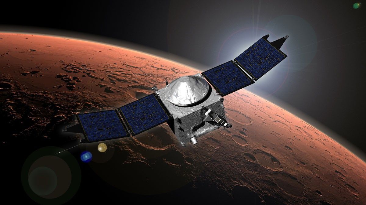 This image shows an artist concept of NASA's Mars Atmosphere and Volatile Evolution (MAVEN) mission.