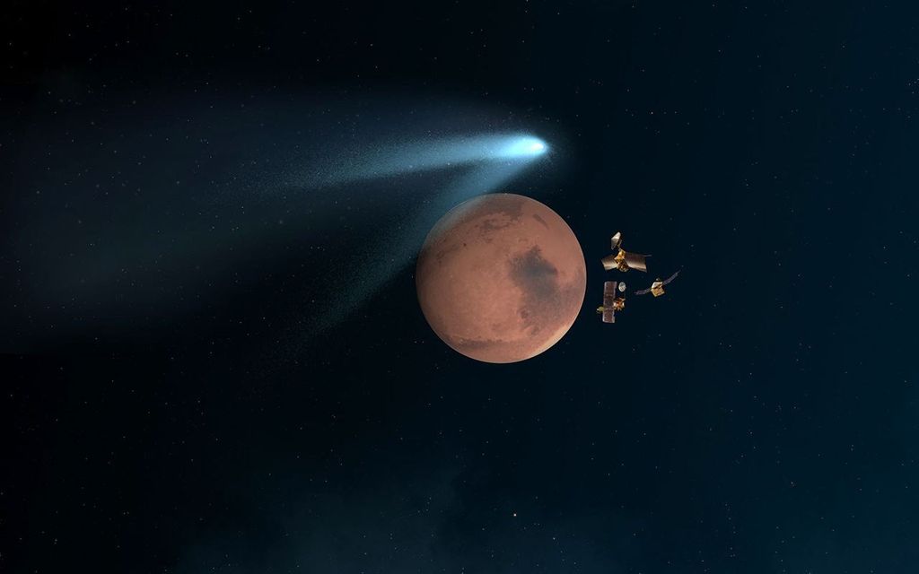 Red planet Mars is shown with a comet streaking above it.