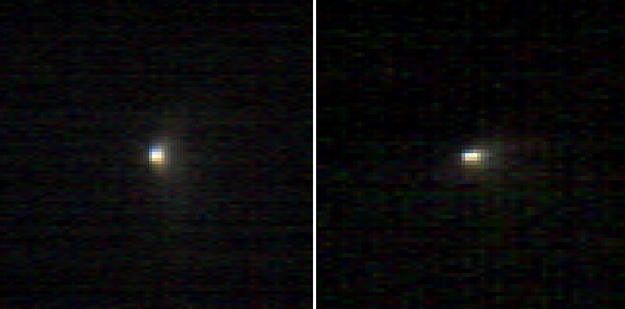 These two infrared images of comet C/2013 A1 Siding Spring were taken by the Compact Reconnaissance Imaging Spectrometer for Mars (CRISM) aboard NASA's Mars Reconnaissance Orbiter on Oct. 19, 2014. This Oort Cloud comet was making its first voyage through the inner solar system.