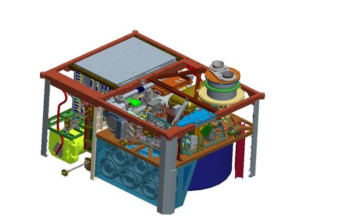 This schematic drawing shows a rectangular metal frame divided into four sections - two flatter ones on the left and two deeper ones on the right - stacked on top of each other. Within the sections are the various solid-state components and reaction chambers that will be used to conduct chemical analysis of rock and soil samples on Mars.