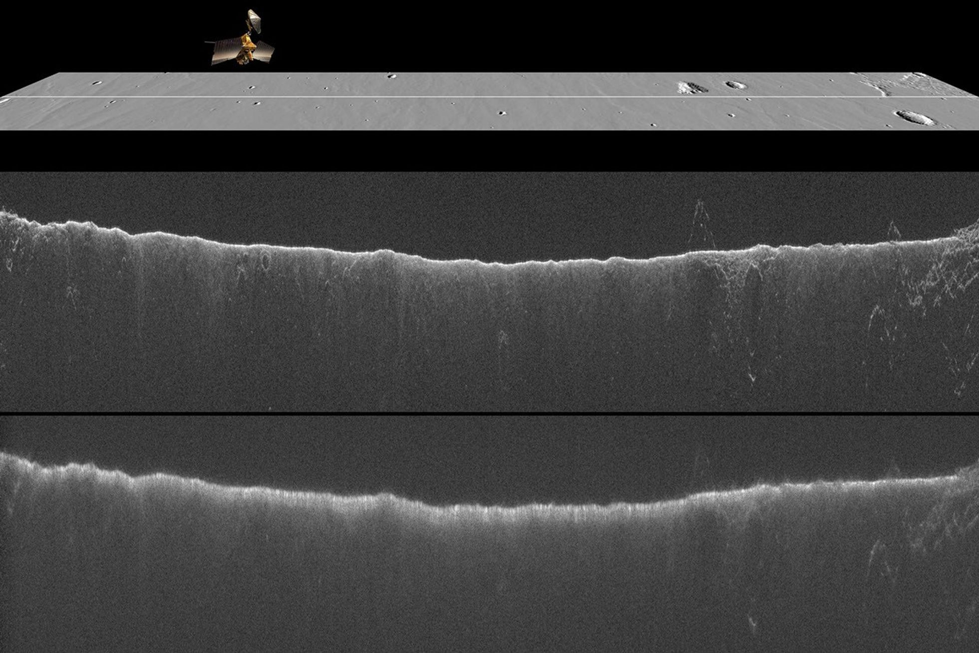 A comparison of two radargrams from the SHARAD instrument on NASA's Mars Reconnaissance Orbiter shows effects on the Martian ionosphere from the close passage of a comet.