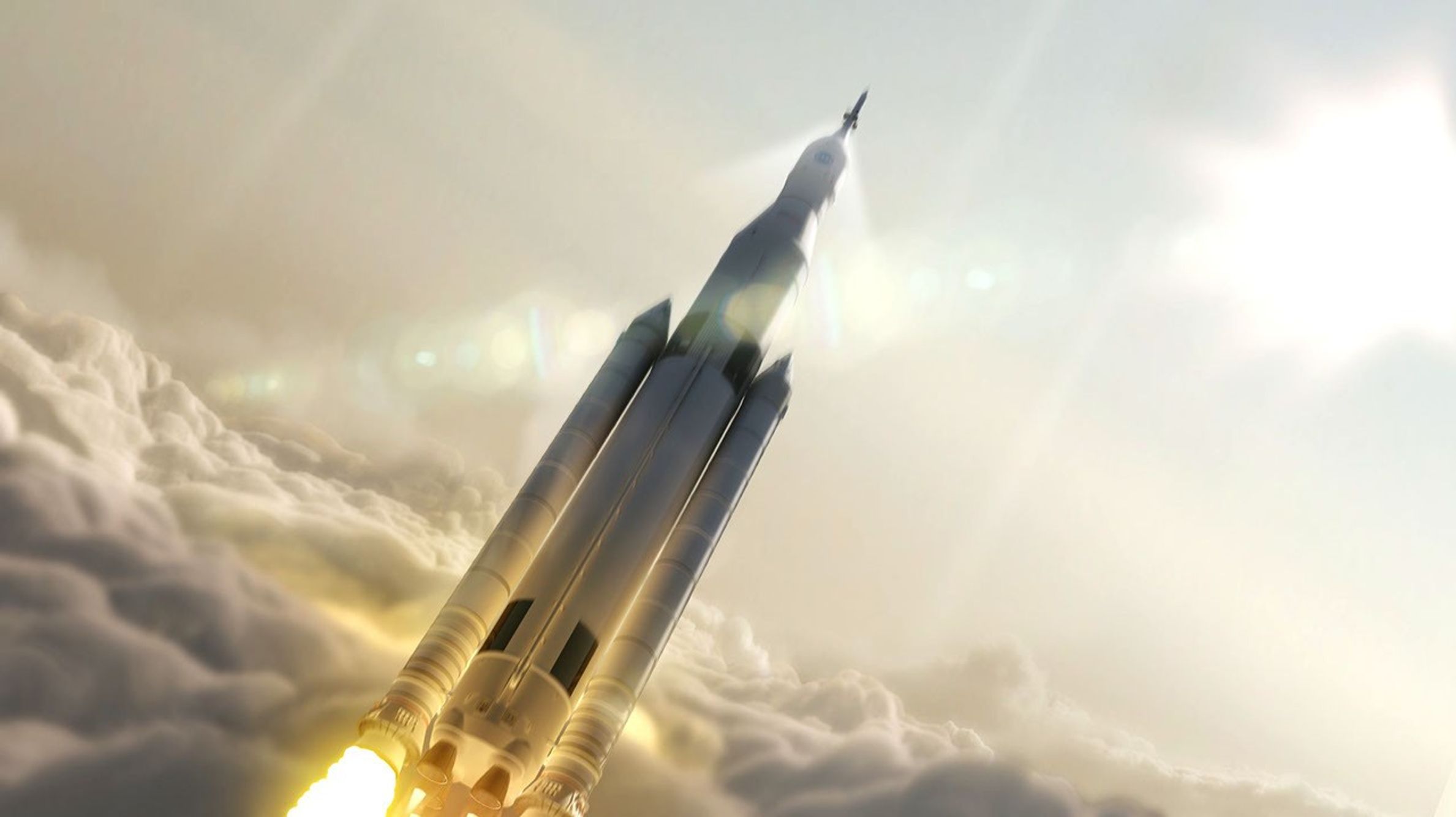 Space Launch System rocket clearing the clouds.