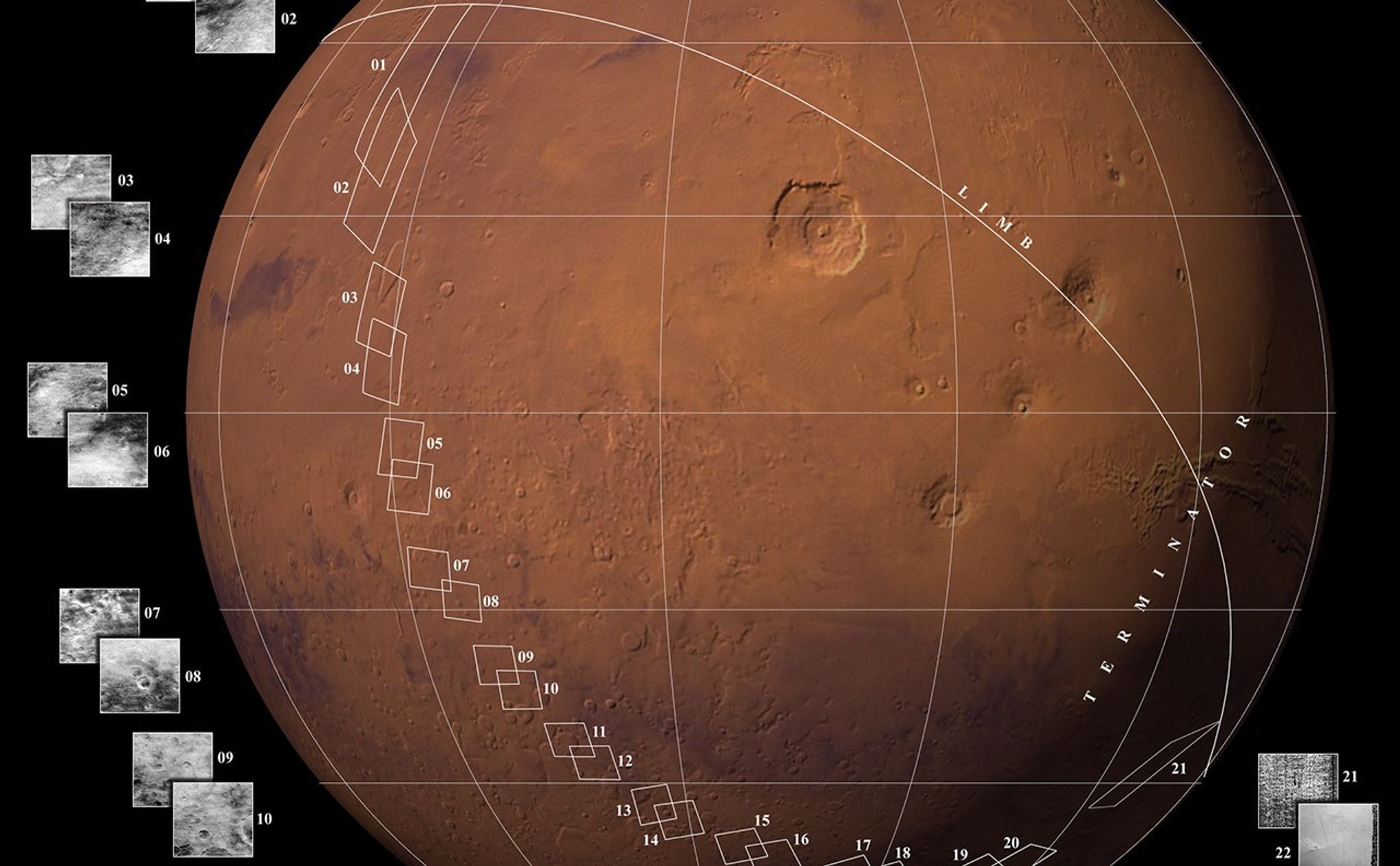 Images taken by Mariner 4 plotted on a global view of Mars.
