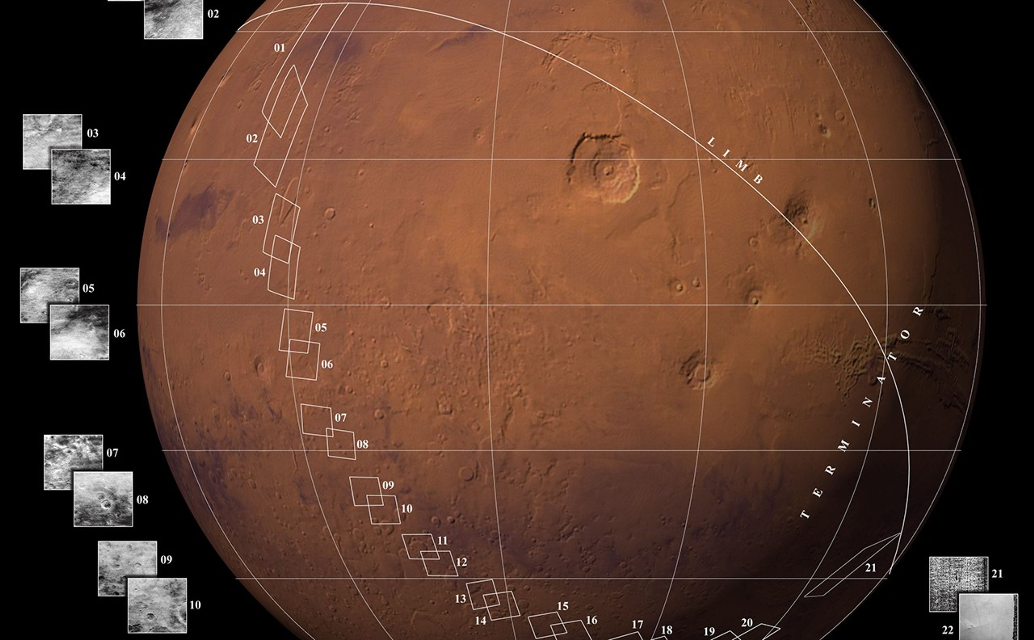 Images taken by Mariner 4 plotted on a global view of Mars.