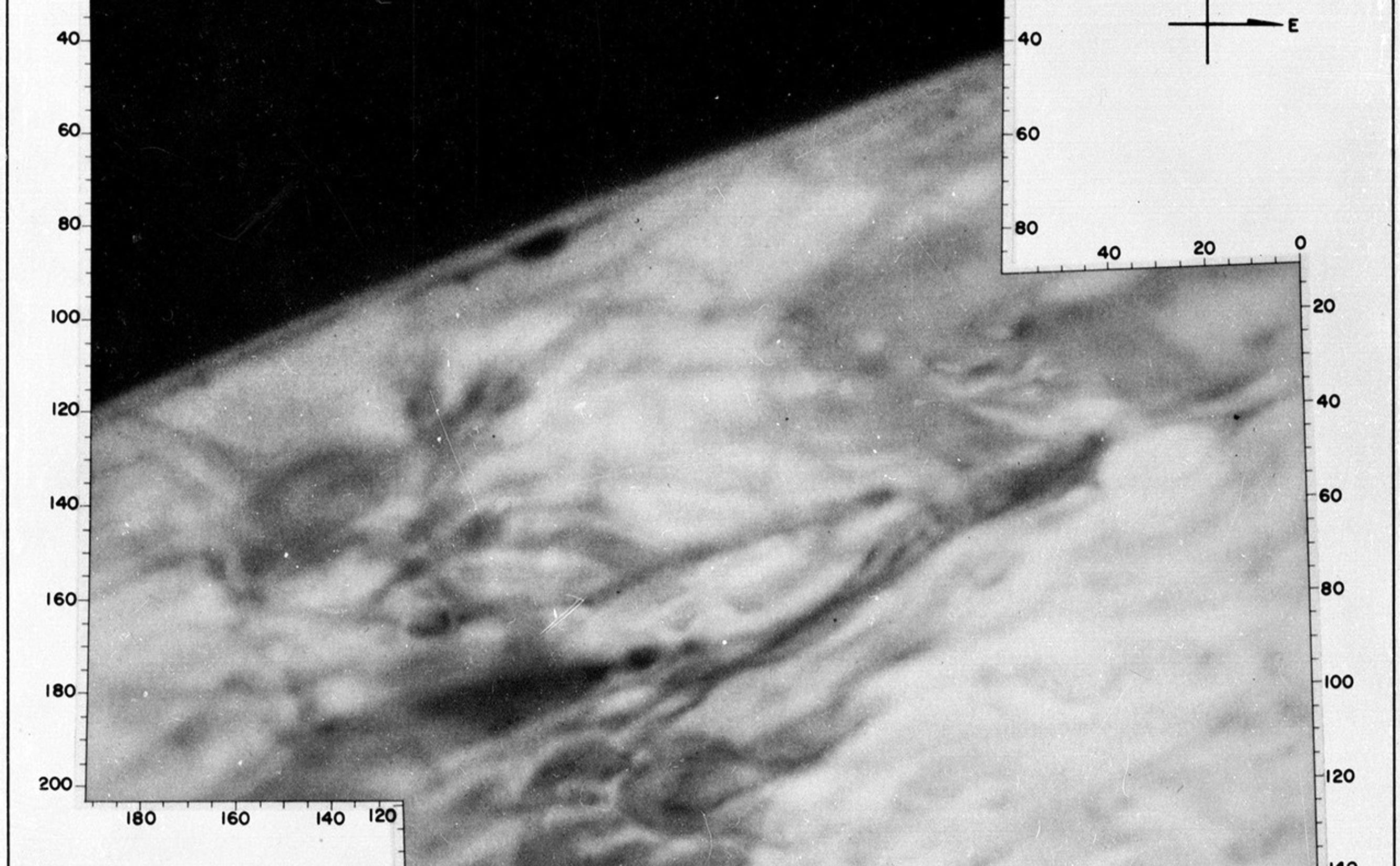 Composite shaded albedo map produced from Mariner 4 images 1 and 2. The image is in the Elysium Planitia region on Mars.