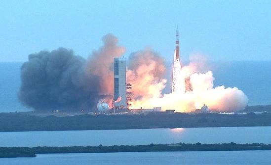 A Delta IV Heavy rocket lifts off from Space Launch Complex 37 at Cape Canaveral Air Force Station in Florida carrying NASA's Orion spacecraft on an unpiloted flight test to Earth orbit.