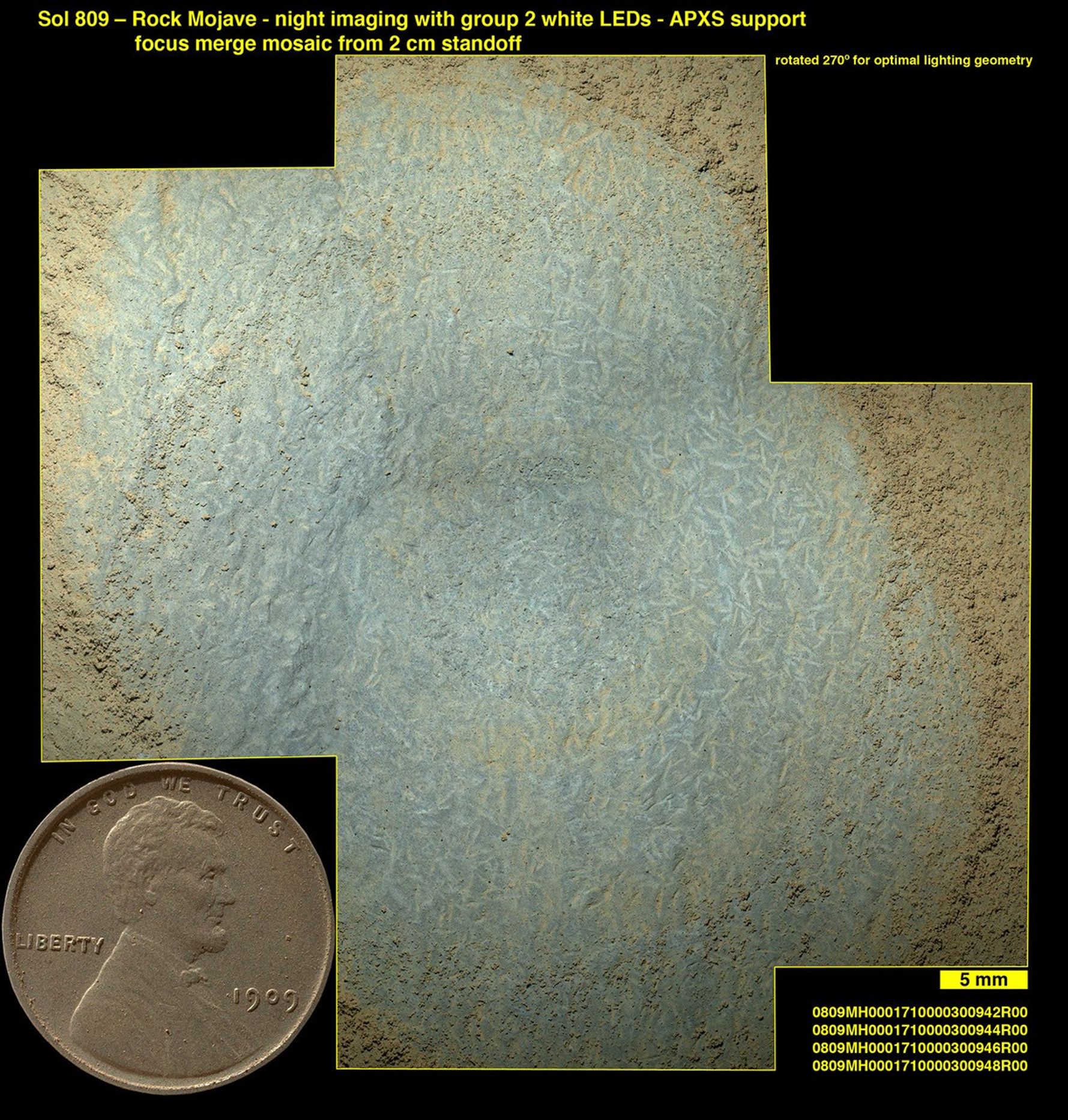 Lozenge-shaped crystals are evident in this magnified view of a Martian rock target called "Mojave," taken on Nov. 15, 2014, by the Mars Hand Lens Imager on the arm of NASA's Curiosity Mars rover. These features record concentration of dissolved salts, possibly in a drying lake.