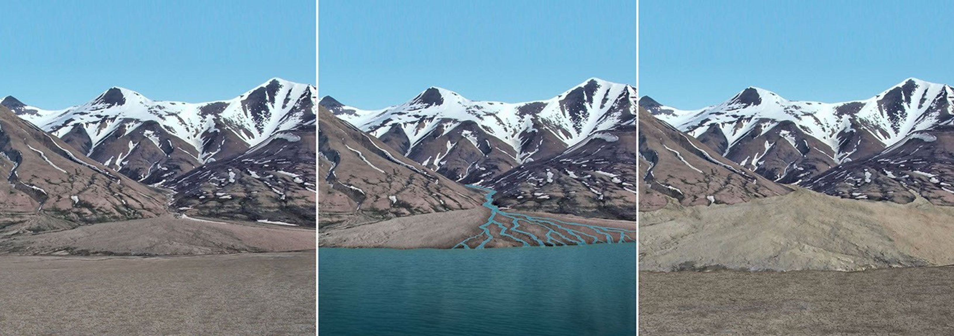 This series of images reconstructs the geology of the region around Mars' Mount Sharp, where NASA's Curiosity Mars rover landed and is now driving. The images, taken on Earth, have been altered for the illustration of how sediments can accumulate in alternating dry periods and wet periods.