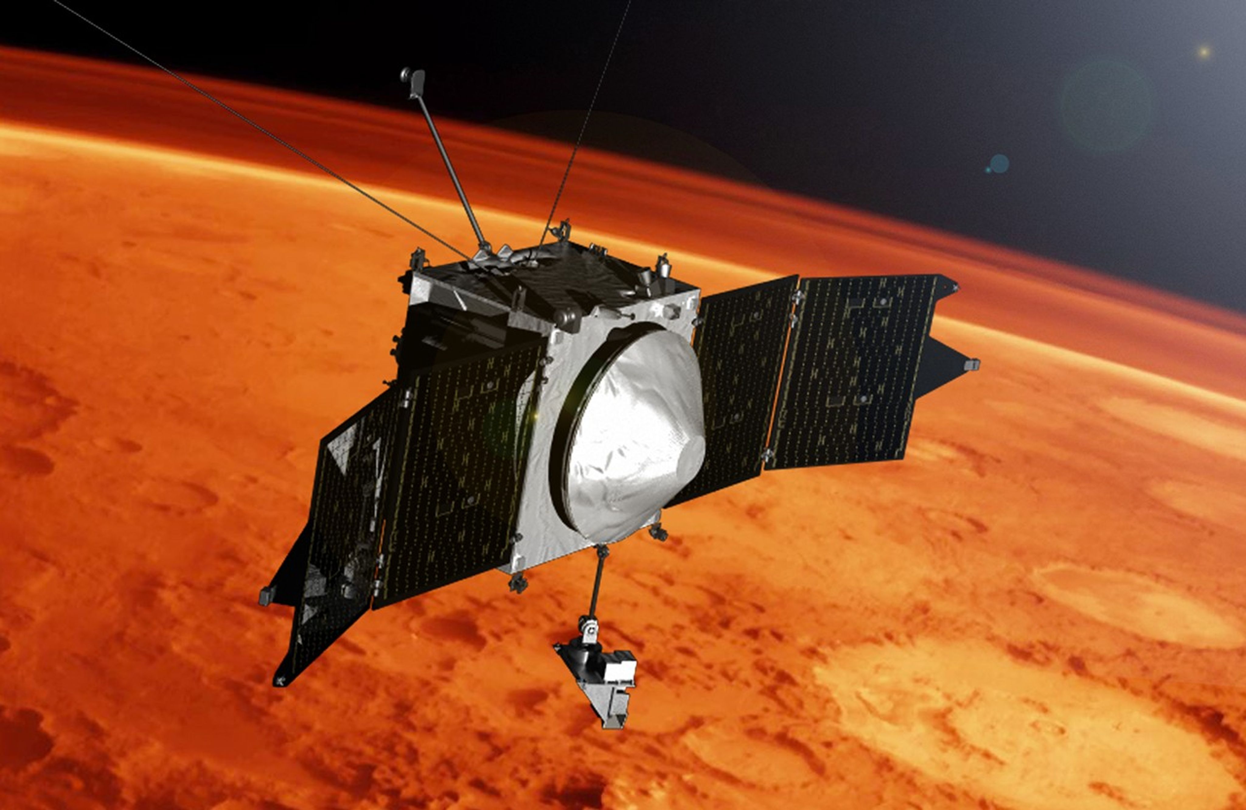 Artist's concept of the MAVEN spacecraft in orbit above Mars.