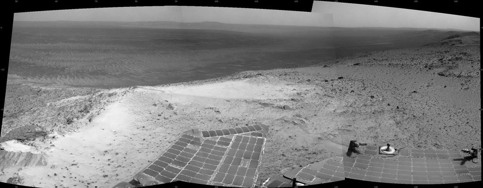 NASA's Mars Exploration Rover Opportunity recorded this view just after reaching the summit of "Cape Tribulation," on the western rim of Endeavour Crater, on Jan. 6, 2015, the 3,894th Martian day, or sol, of the rover's work on Mars.