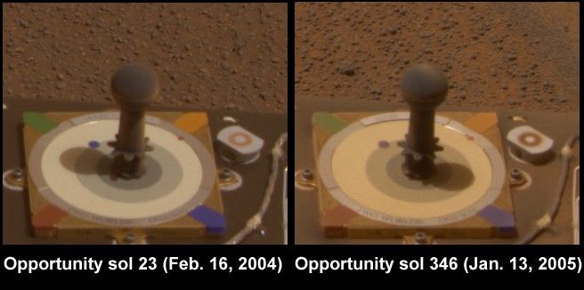 Since landing on Mars a year ago, NASA's pair of six-wheeled geologists have been constantly exposed to martian winds and dust.