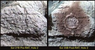 This image from the Mars Exploration Rover Opportunity's panoramic camera shows the results of the second drilling by the rock abrasion tool, located on the rover's instrument deployment device, or "arm."