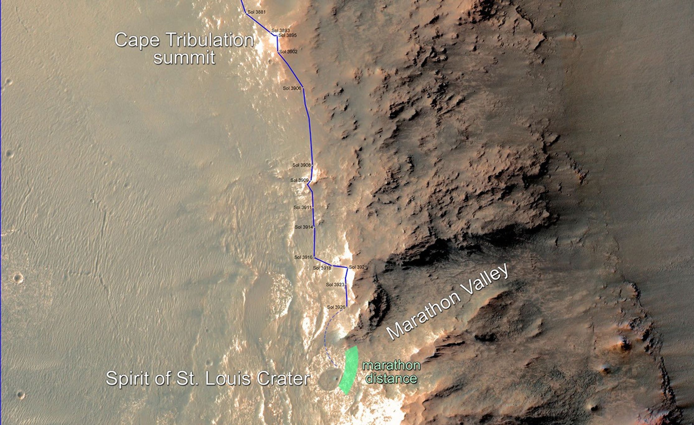 In February 2015, NASA's Mars Exploration Rover Opportunity is approaching a cumulative driving distance on Mars equal to the length of a marathon race. This map shows the rover's position relative to where it could surpass that distance.