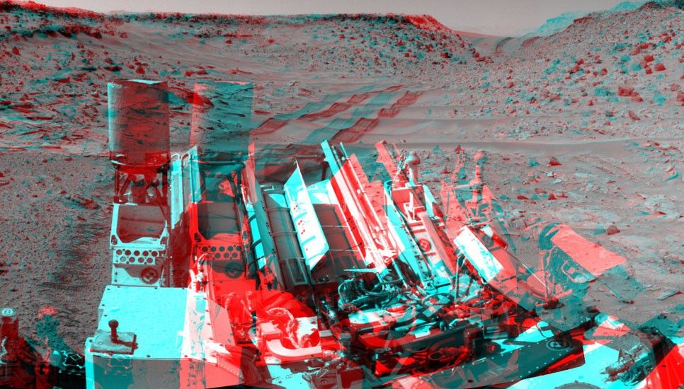 This stereo scene looking back at where Curiosity crossed a dune at "Dingo Gap" combines several exposures taken by the Navigation Camera (Navcam) high on the rover's mast.