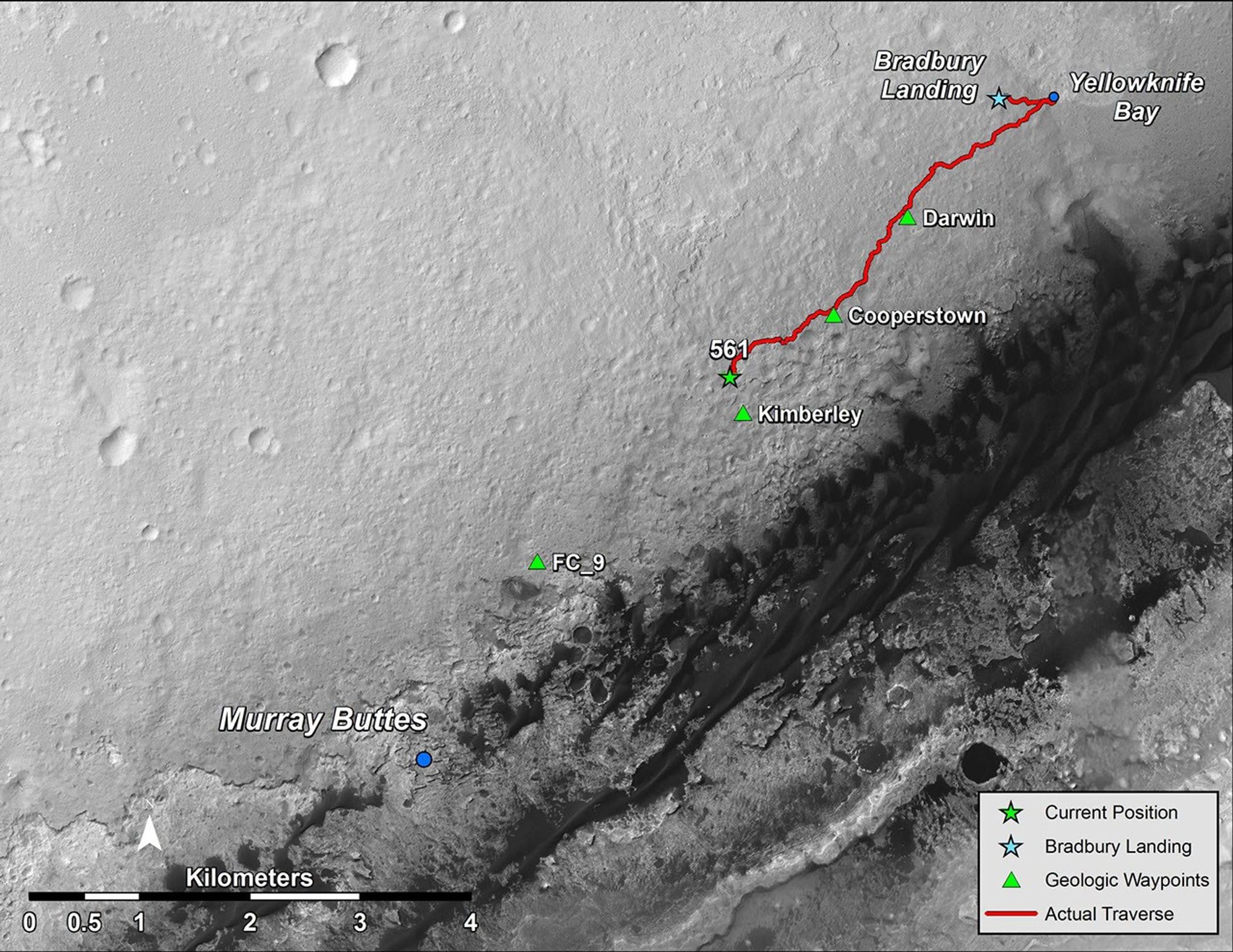 This map shows the route driven by NASA's Mars rover Curiosity through the 561st Martian day, or sol, of the rover's mission on Mars (March 5, 2014).
