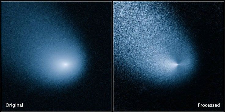 The images above show -- before and after filtering -- comet C/2013 A1, also known as Siding Spring, as captured by Wide Field Camera 3 on NASA's Hubble Space Telescope.