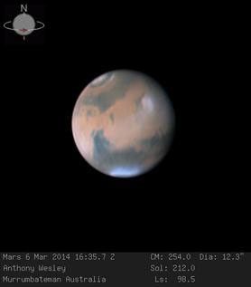 Mars, photographed on March 6, 2014, by Australian amateur astronomer Anthony Wesley using a 16-inch telescope