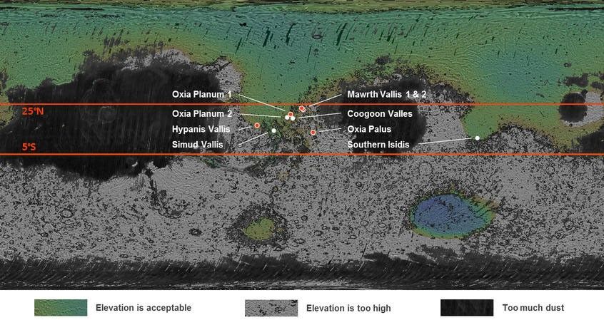 This is a global, flat map of Mars.  There are several color to show the constraints of the areas where the ExoMars rover can land.  Areas in green show where it's acceptable to land.  Gray areas are too high.  Black areas have too much dust.