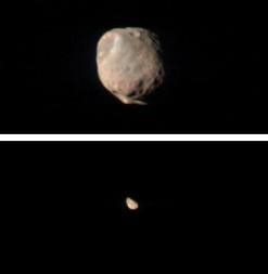 These two images show Mars' two small moons, Phobos and Deimos in color. Phobos is the bigger moon and it is at the top, while Deimos is the smaller moon and is at the bottom. Both are odd, potato-shaped.
