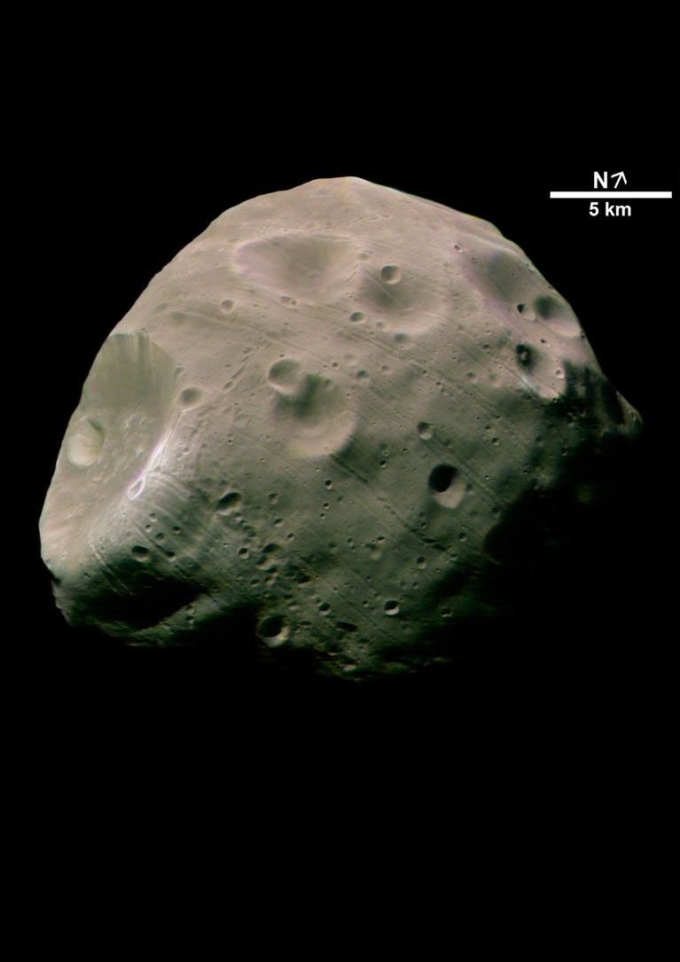 This image, taken by the High Resolution Stereo Camera (HRSC) on board ESA's Mars Express spacecraft, was at the time one of the highest-resolution pictures so far of the Martian moon Phobos.