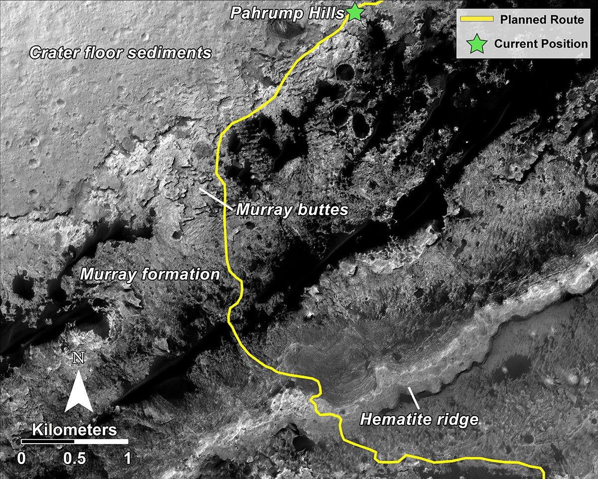 This image shows the planned route (in yellow) of NASA's Curiosity rover from "Pahrump Hills" at the base of Mount Sharp, through the "Murray Formation," and south to the hematite ridge further up the flank of Mount Sharp. The rover's location is near Pahrump Hills noted with a green star on the top right of the image.
