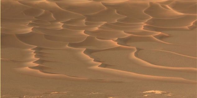 As NASA's Mars Exploration Rover Opportunity creeps farther into "Endurance Crater," the dune field on the crater floor appears even more dramatic.