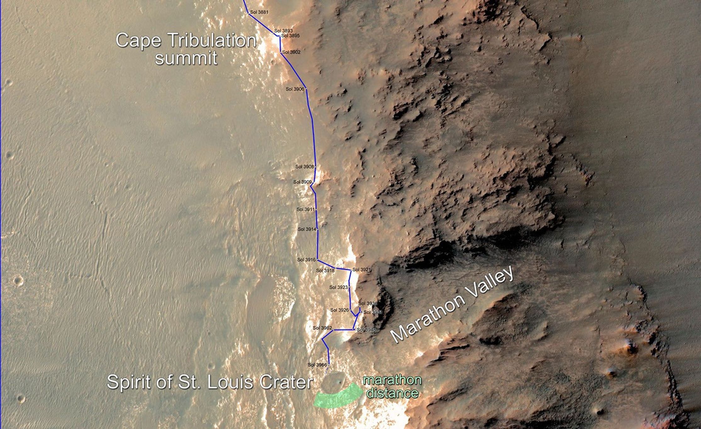 This map updates progress that NASA's Mars Exploration Rover Opportunity is making toward reaching a driving distance equivalent to a marathon footrace. It indicates the rover's position on March 23, 2015, relative to where it could surpass that distance.