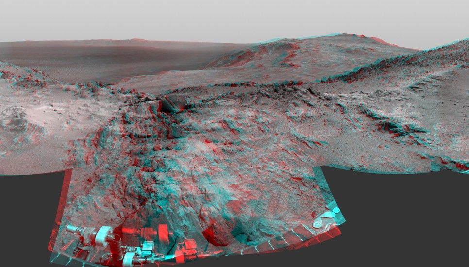 Cumulative driving by NASA's Mars Exploration Rover Opportunity surpassed marathon distance on March 24, 2015, as the rover neared a destination called "Marathon Valley," which is middle ground of this stereo view from early March.